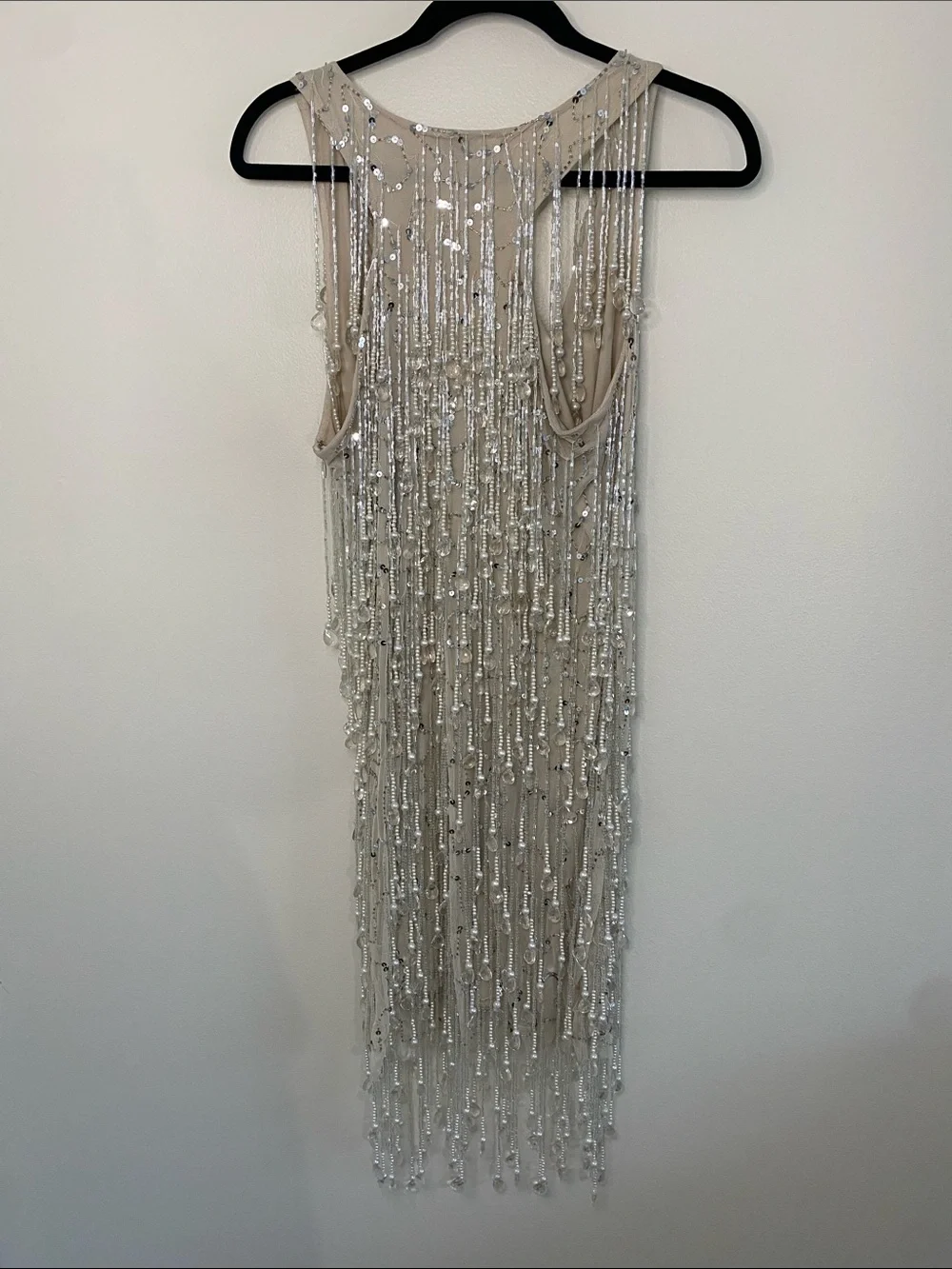 Nasty Gal NWT Tear Drop Tassel Plunge Mini Dress Beaded Nude Size 8 - Picture 7 of 11